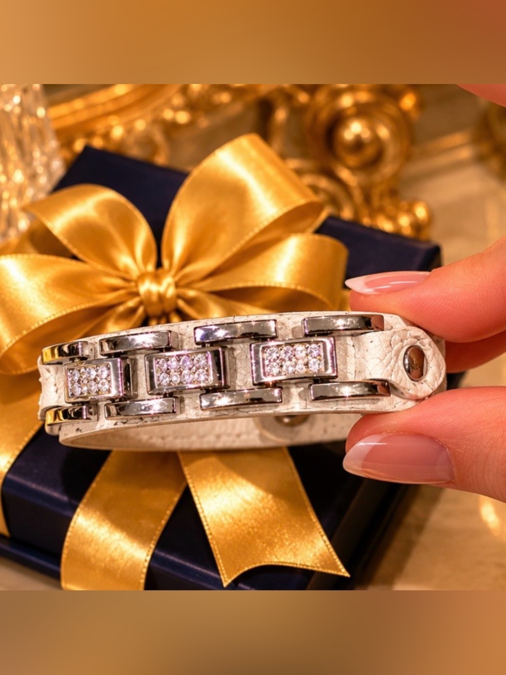 Fine Designer Runway White Leather Bracelet Chain Rhinestone Original Art Unisex